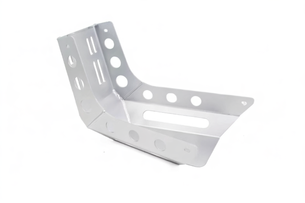 A silver aluminum engine protection bracket with multiple holes and an angle shape, designed for MASH SIX HUNDRED 650 or SWM motorcycles.