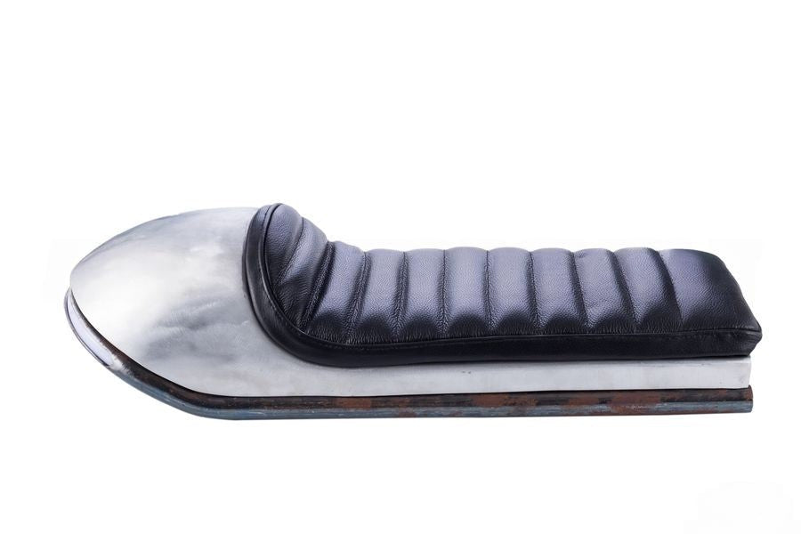 aluminum cafe racer Motorcycle seat with black leather and metal finish on a white background