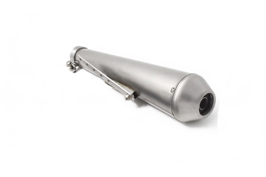 Stainless steel motorcycle exhaust pipe on a white background
