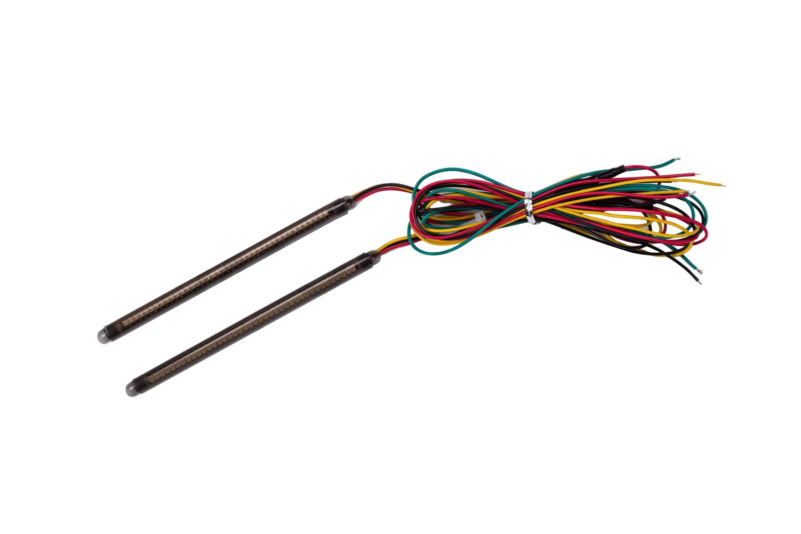 A pair of LED turn signal lights with rear light for shock absorbers, smoked black in color with orange and red wiring.