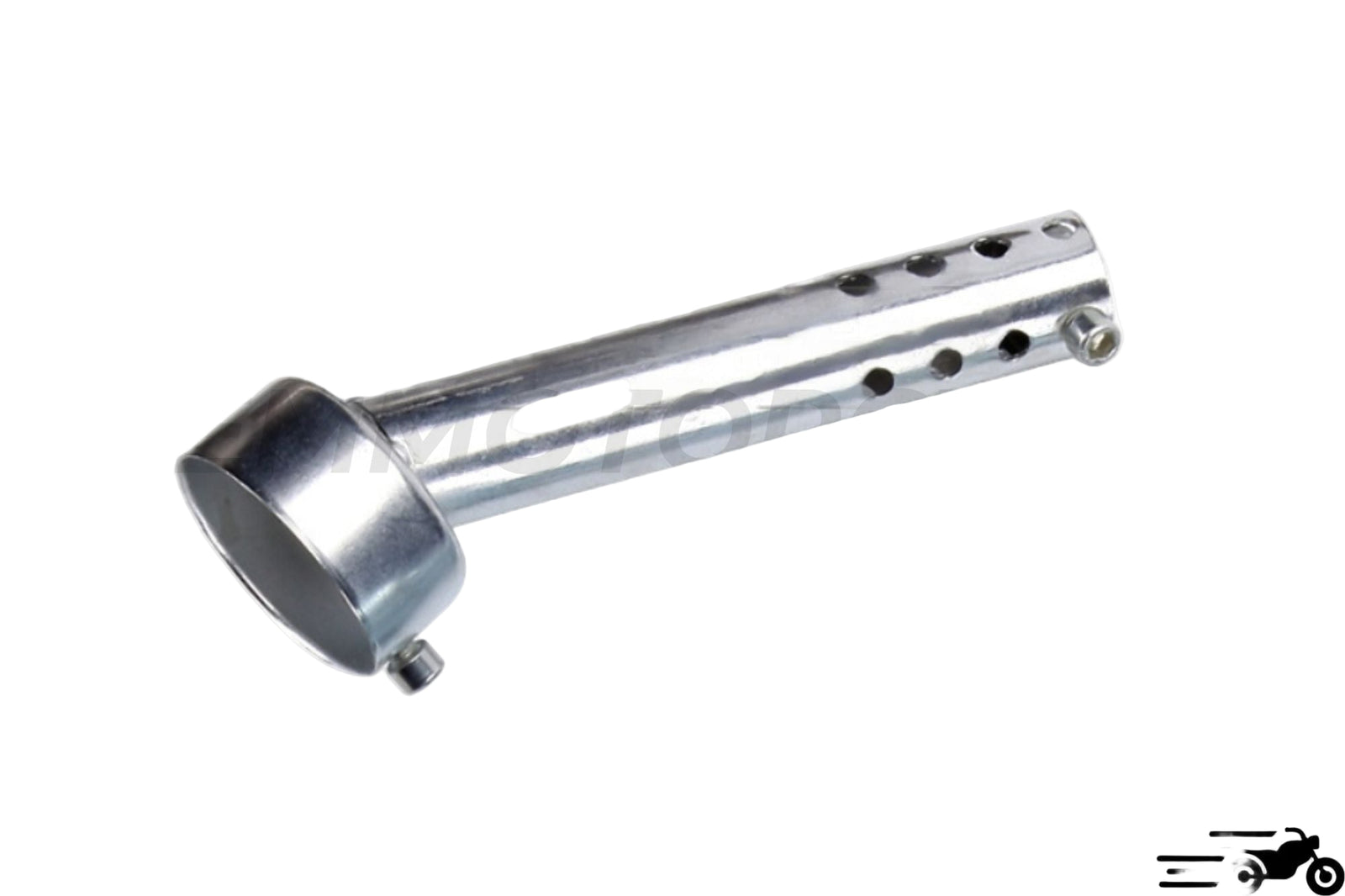A Universal 45° DB Killer for motorcycles, showing a long perforated metal tube with a flanged end, primarily in a gray or brut color.