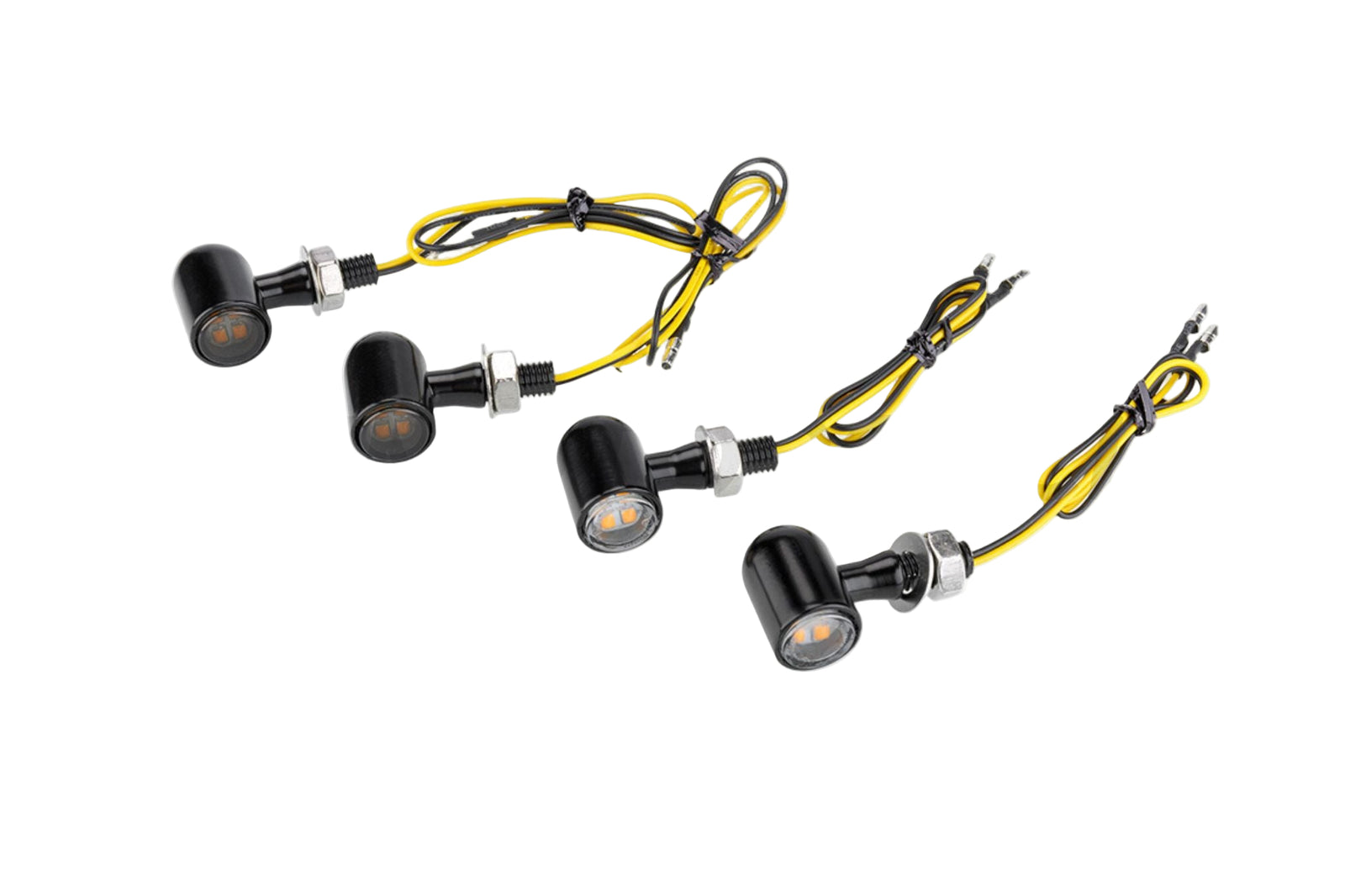 A pair of black mini LED turn signals for motorcycles with visible wiring.
