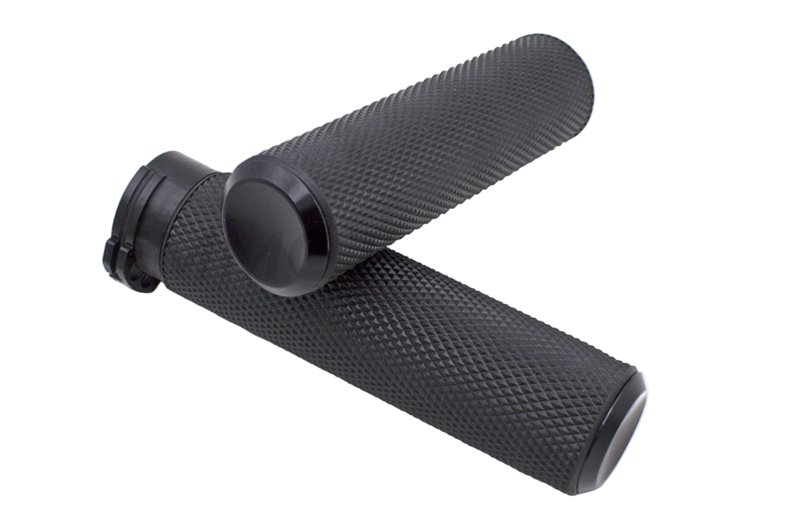 A pair of black motorcycle handle grips with a textured surface, showing the brand name 'R & M Motorcycles'.