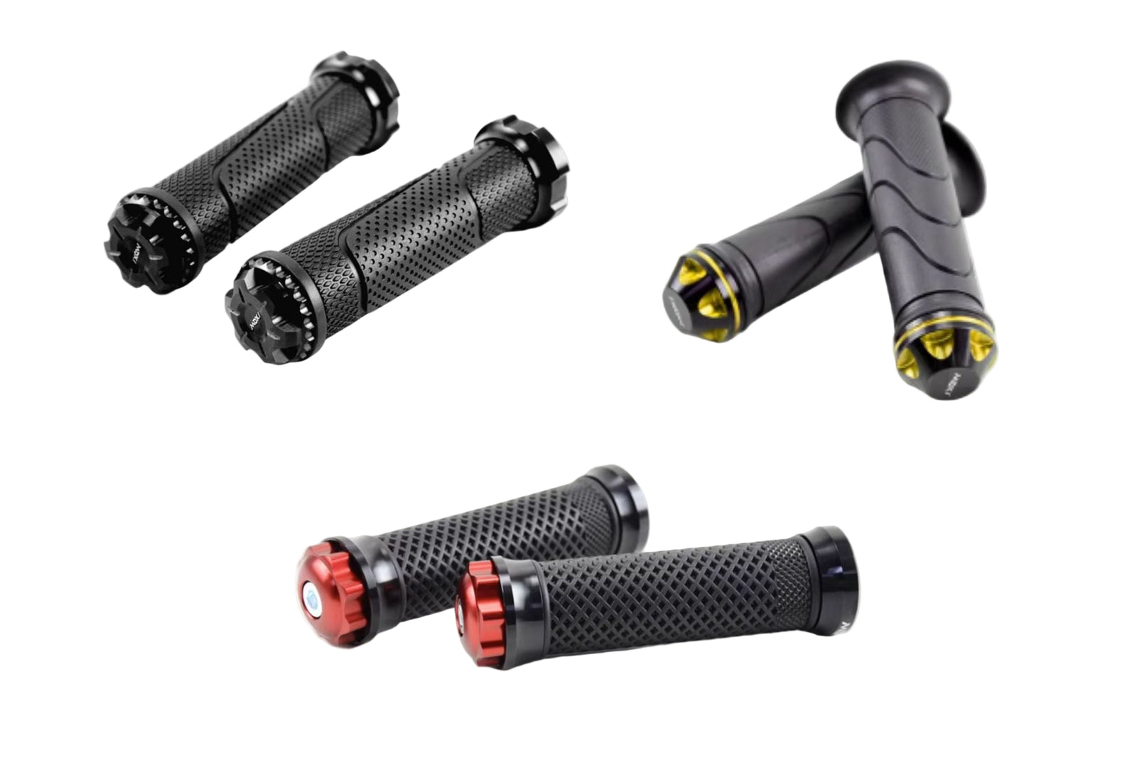 A collection of motorcycle handlegrips with aluminum end caps in various colors including black, red, and gold.
