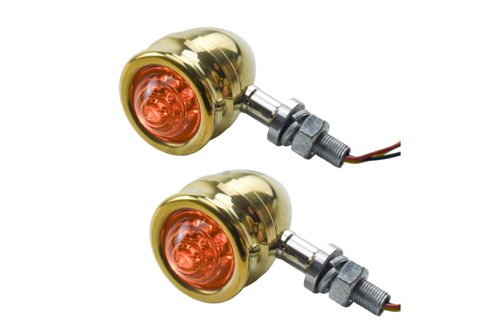 A pair of gold-colored brass bubble turn signal lights with LED indicators, designed for motorcycles.