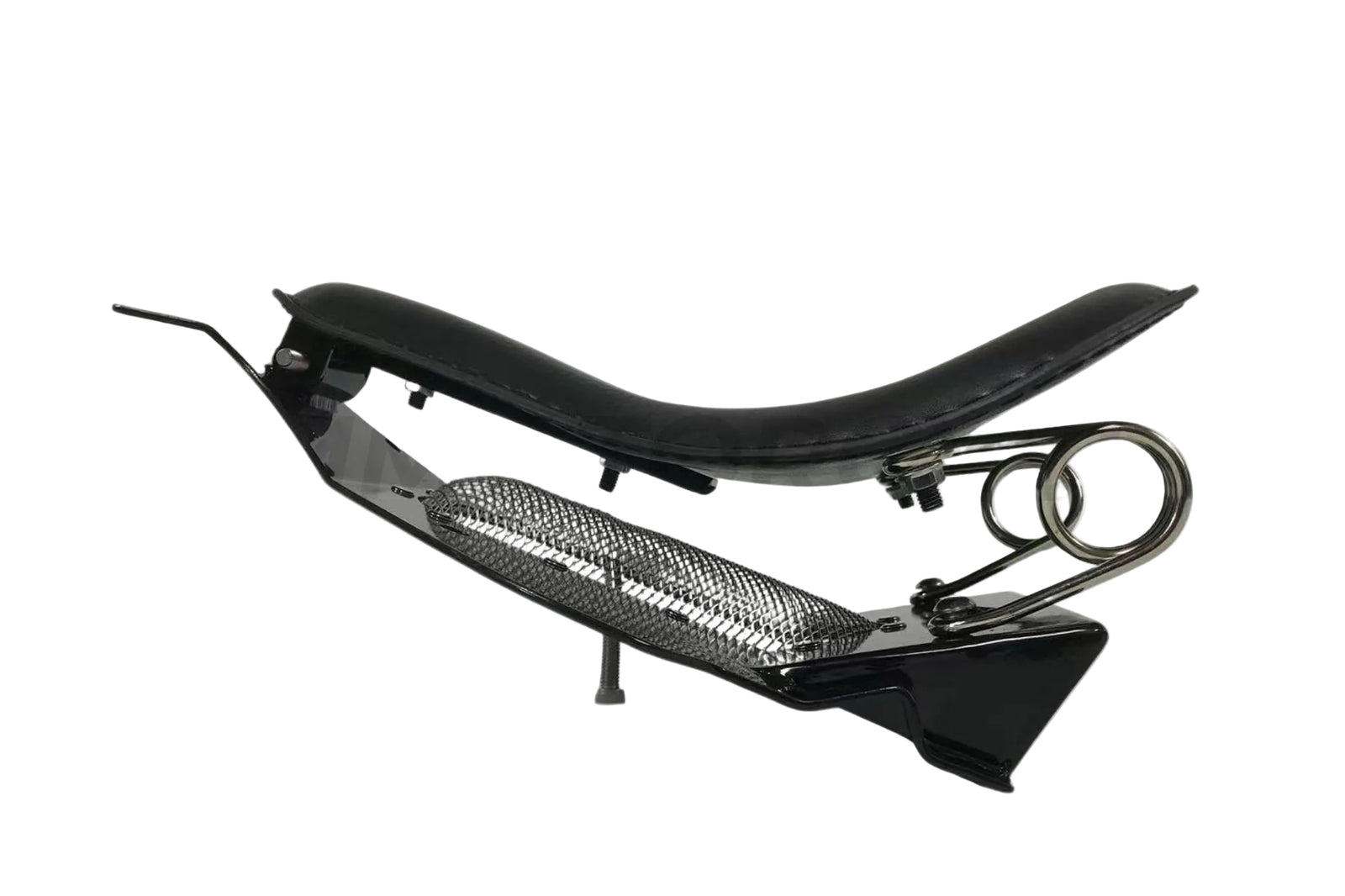 A black solo seat kit with support designed for Harley-Davidson Softail motorcycles, including a seat, supports, and springs.