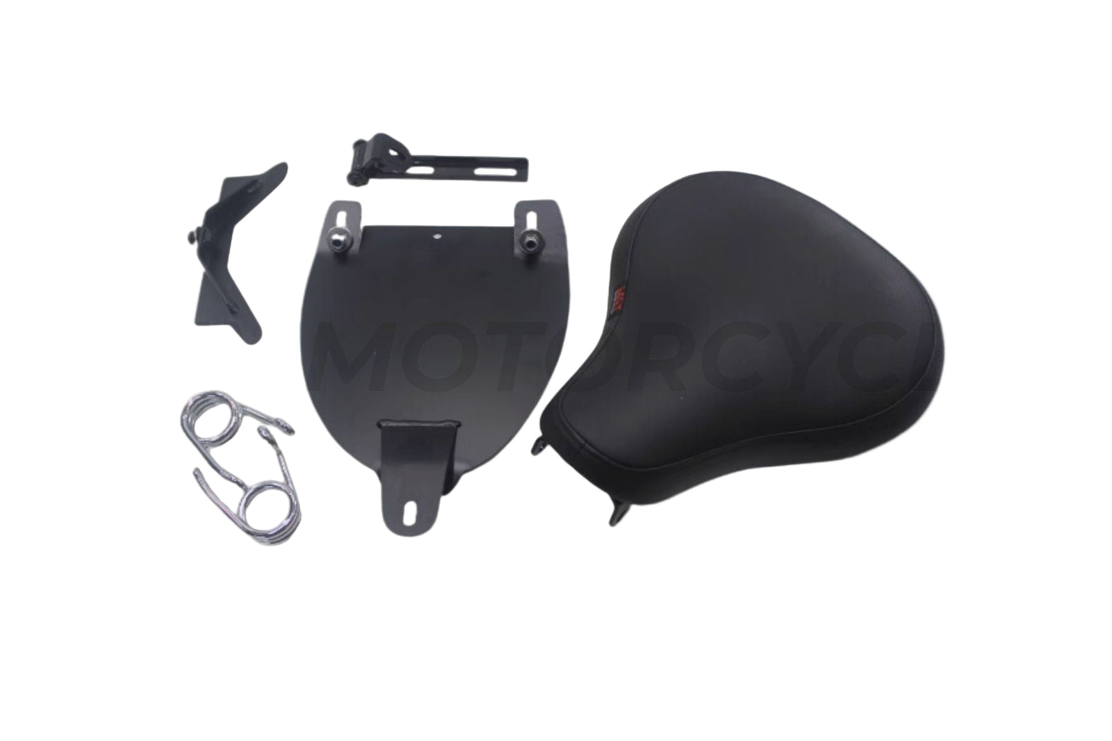 A black solo saddle kit with mounting bracket and two springs designed for Honda Shadow 400 and 600 cc motorcycles.