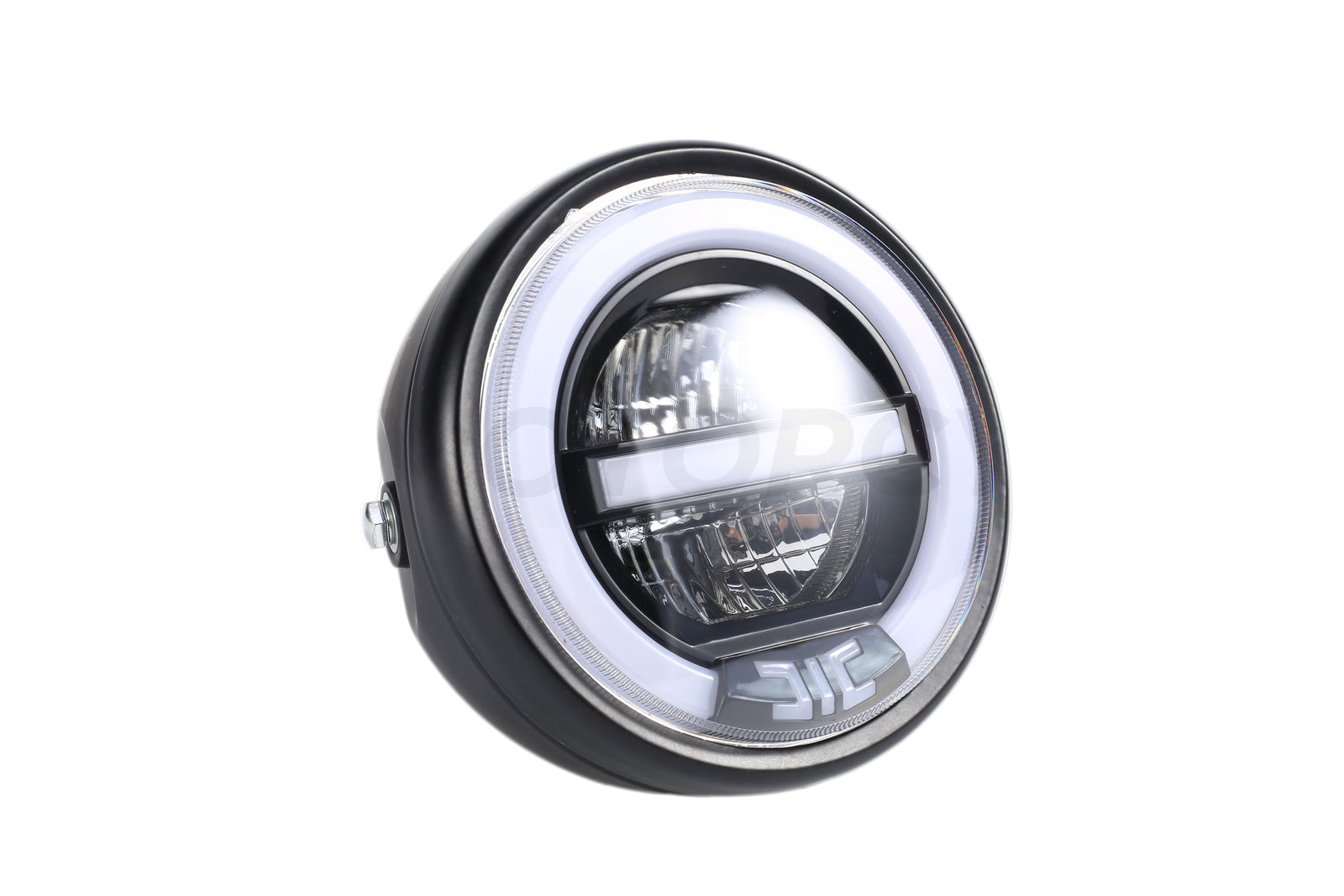 A black 6.8 BIG LED headlight with a white LED ring, designed for motorcycles, shown from a side angle.
