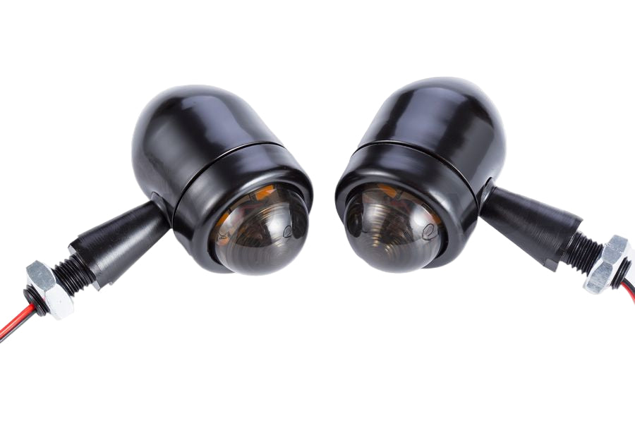 A pair of black LED motorcycle indicators with an orange glow, designed for a universal fit on various types of motor vehicles.