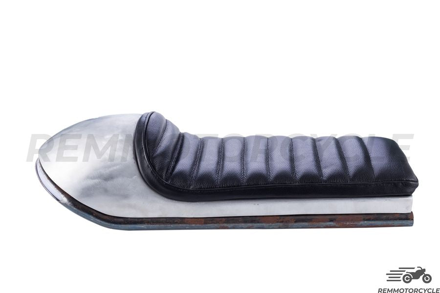 A motorcycle seat with a black leather seat on top and an aluminum shell, designed for a cafe racer style motorcycle.