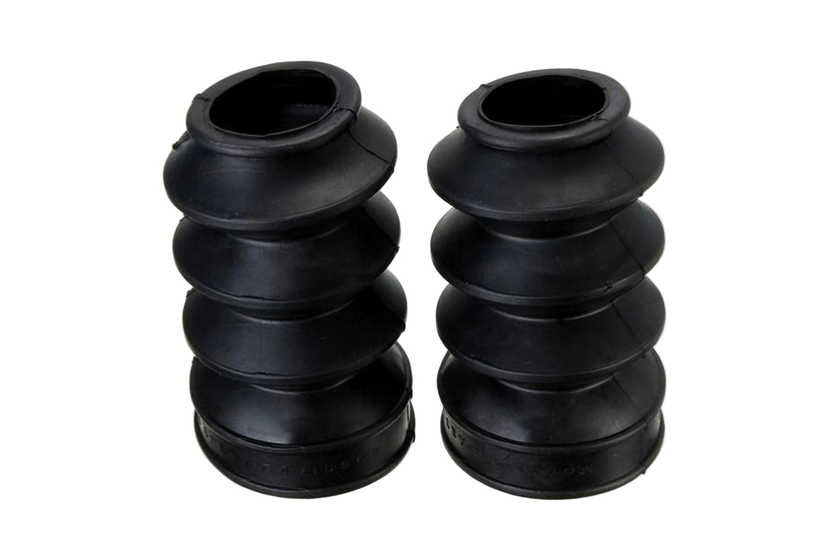 A pair of black rubber fork gaiters for motorcycles.