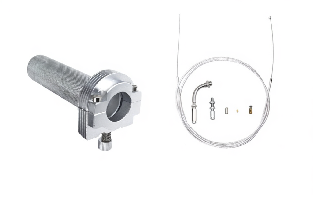 A black aluminum throttle grip with two cables and elbow push-pull type, displayed on a white background.