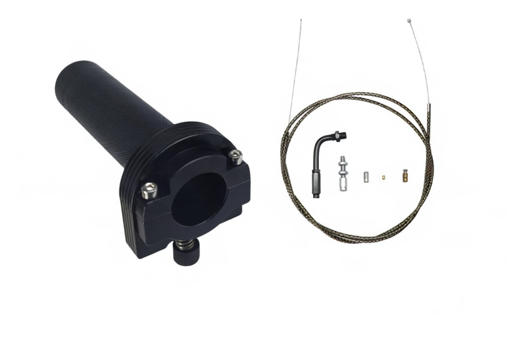 A black aluminum throttle grip with two cables and elbow push-pull type, displayed on a white background.