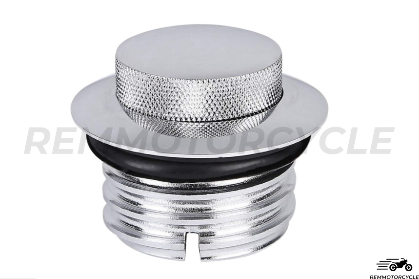 Chrome motorcycle exhaust tip with textured cap on a white background, featuring REM Motorcycle branding.