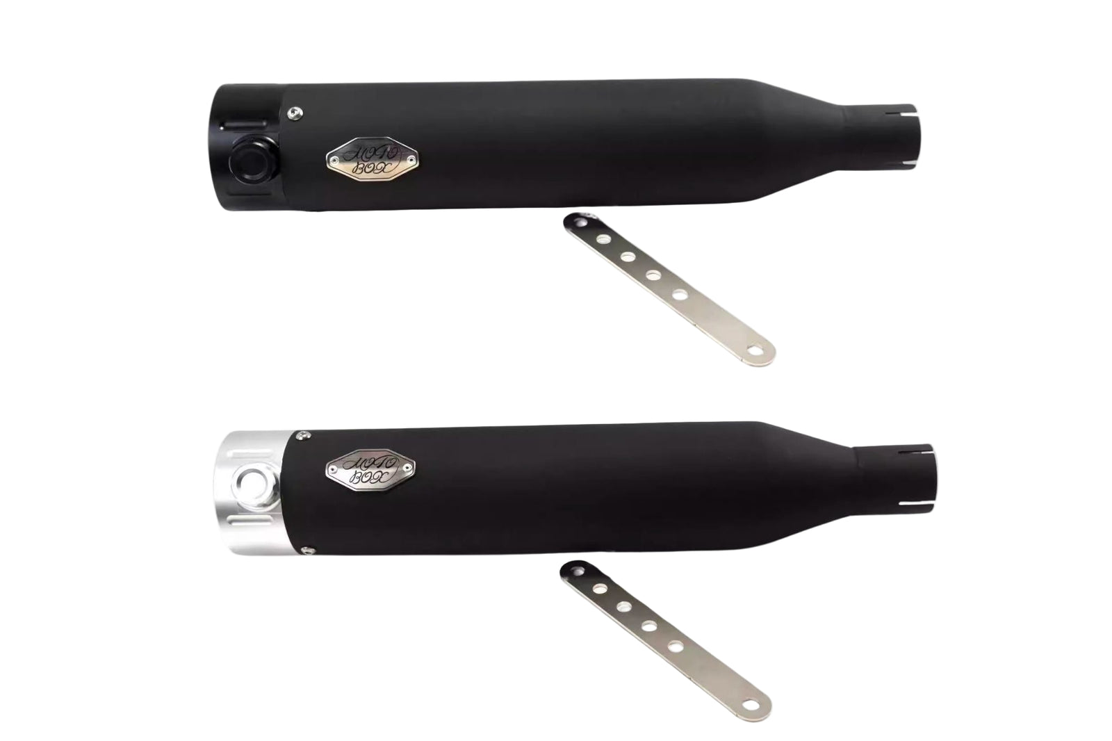 A black motorcycle exhaust with a manual valve, shown from two angles with one image focusing on the body and the other on the valve.