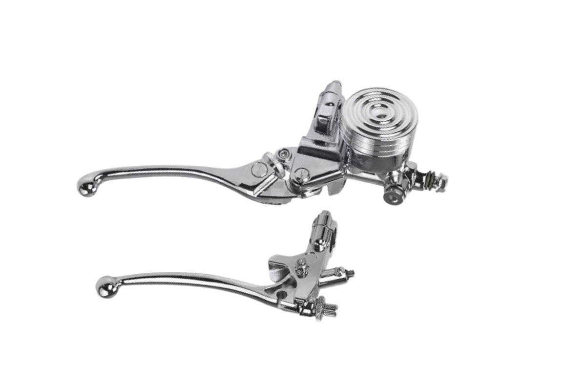A set of motorcycle brake and clutch levers with master cylinder, shown in black or chrome color, laid out on a white background.