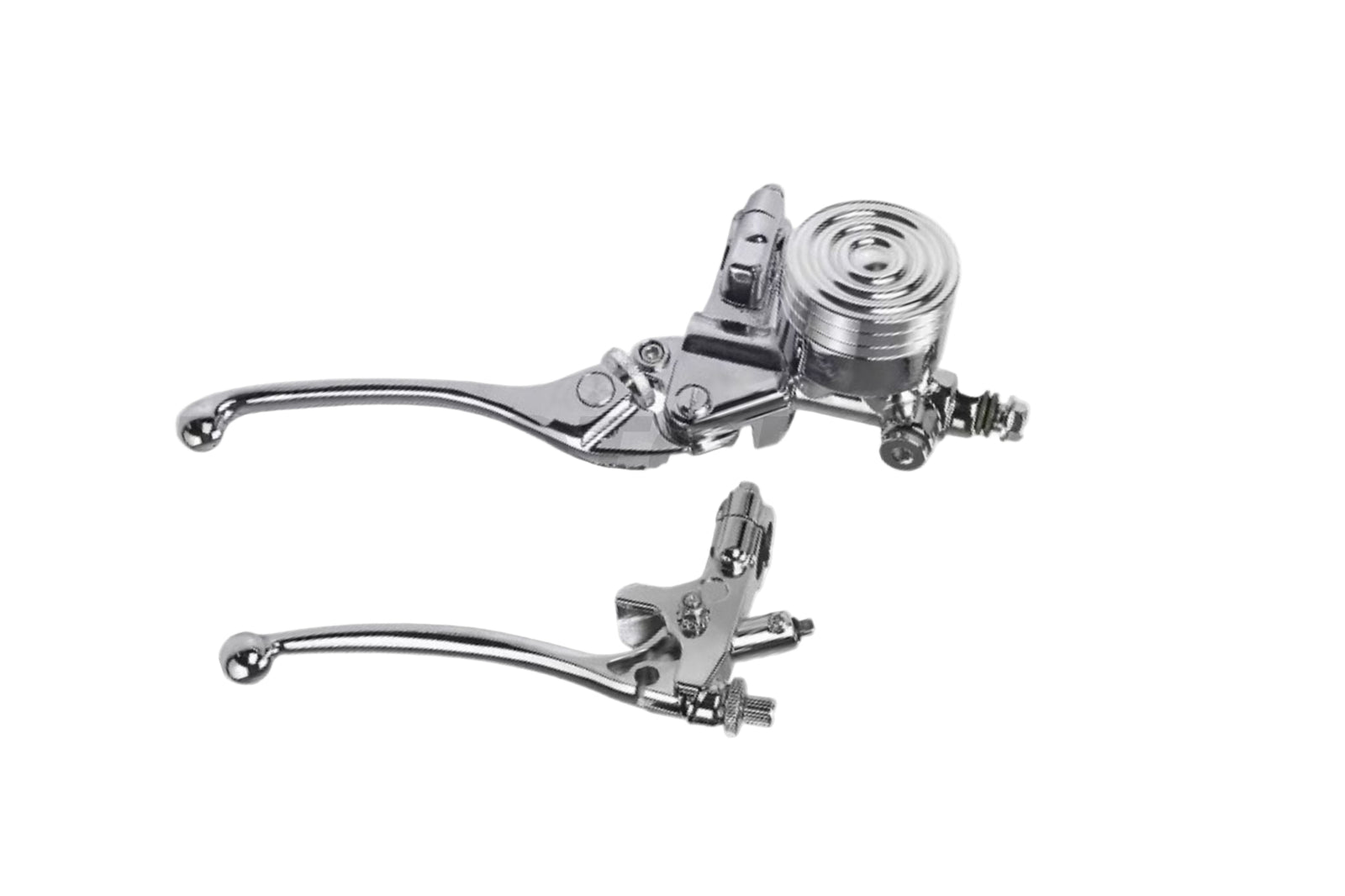 A set of motorcycle brake and clutch levers with master cylinder, shown in black or chrome color, laid out on a white background.