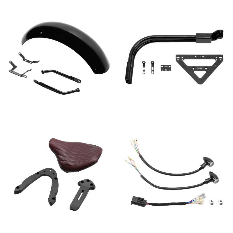 Complete bobber kit for BMW R18 with customizable seat, short fender, tubular plate holder and DRIP 3-in-1 taillight