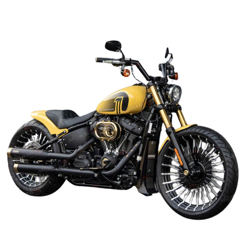 Custom 18/21-inch black wheels with dedicated hubs for cruisers