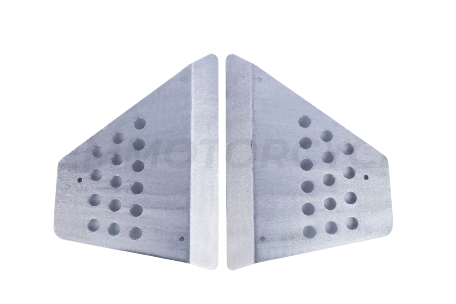 A pair of gray aluminum side plates for motorcycles with multiple mounting holes, displayed against a white background.