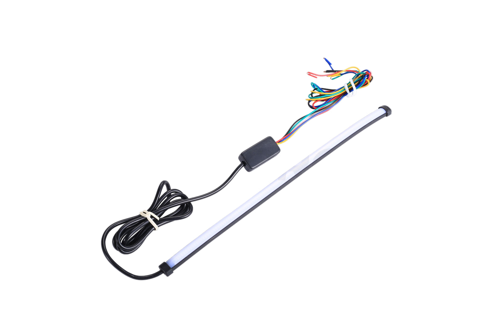 An LED strip light with a black power supply and multicolored wires, designed as a tail light or stop light for motorcycles.