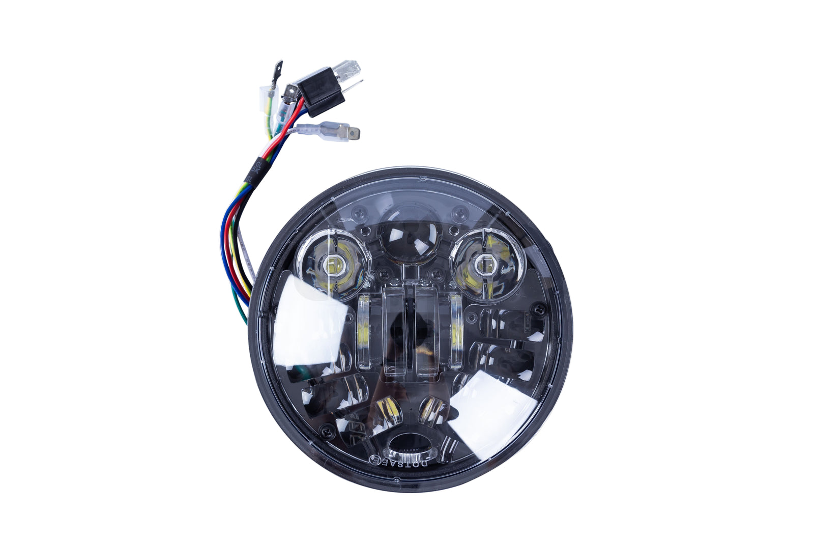 A round black LED motorcycle headlight with integrated turn signals, visible wiring, and a matte black finish.