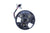 A round black LED motorcycle headlight with integrated turn signals, visible wiring, and a matte black finish.