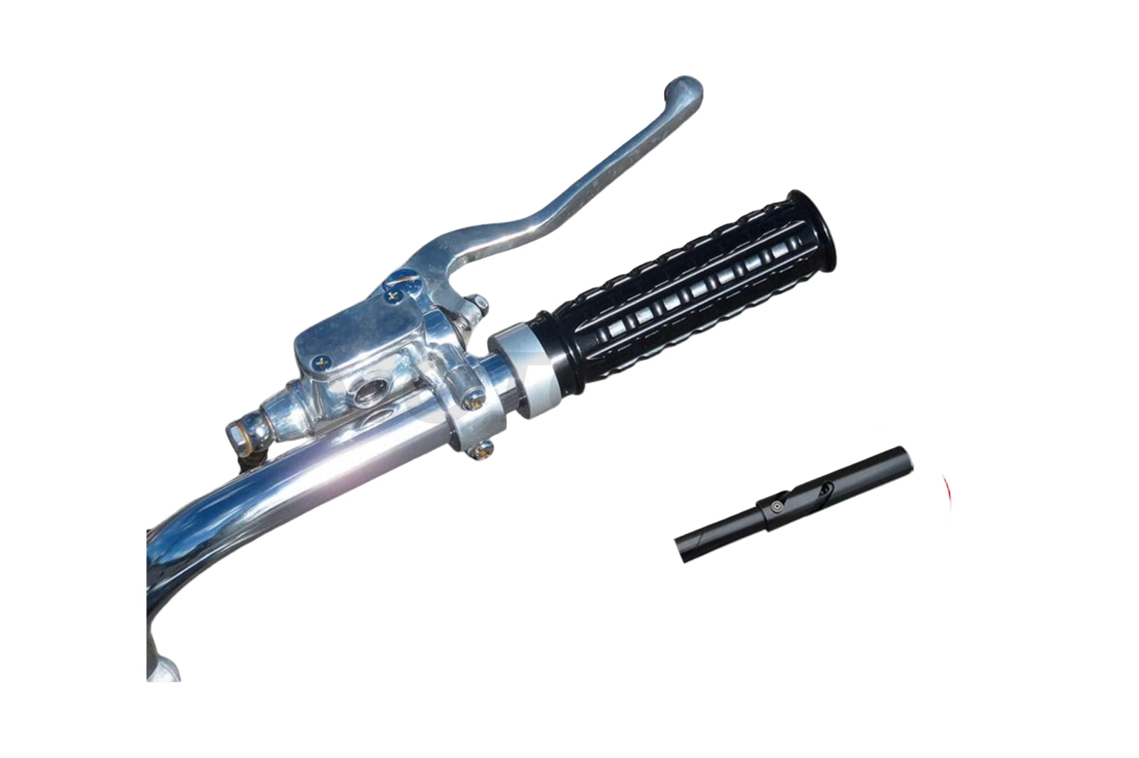 An integrated throttle for Harley Davidson motorcycles, showing a silver-colored handlebar with a black grip and a black cable.