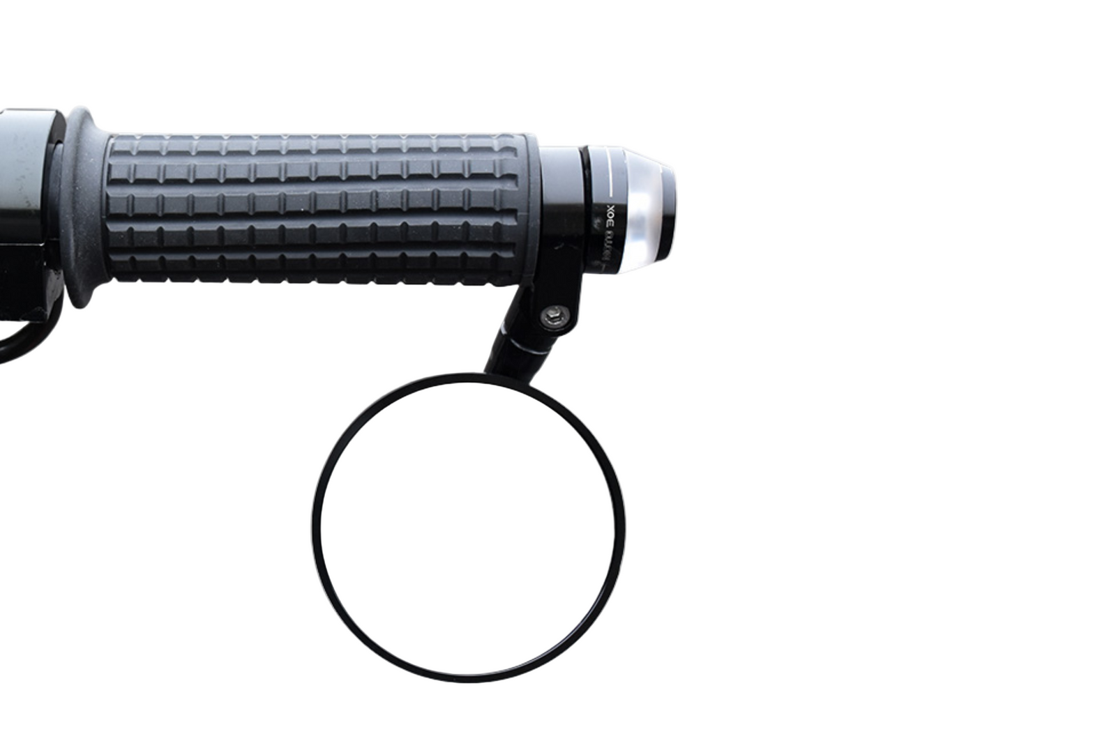 Black aluminum handlebar motorcycle mirror with a round reflective surface and an attached aluminum bracket designed for 7/8 inch handlebars.