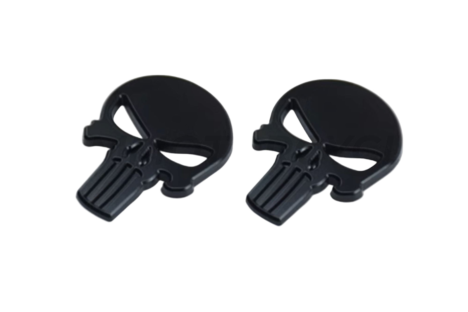 Two black 3D logo high-quality stickers in the shape of a skull, designed for use on motorcycles.