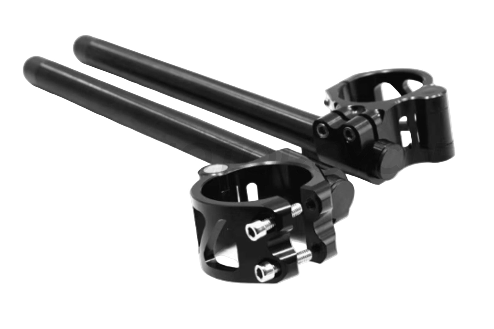 A pair of black CNC aluminum clip on handlebars for motorcycles.