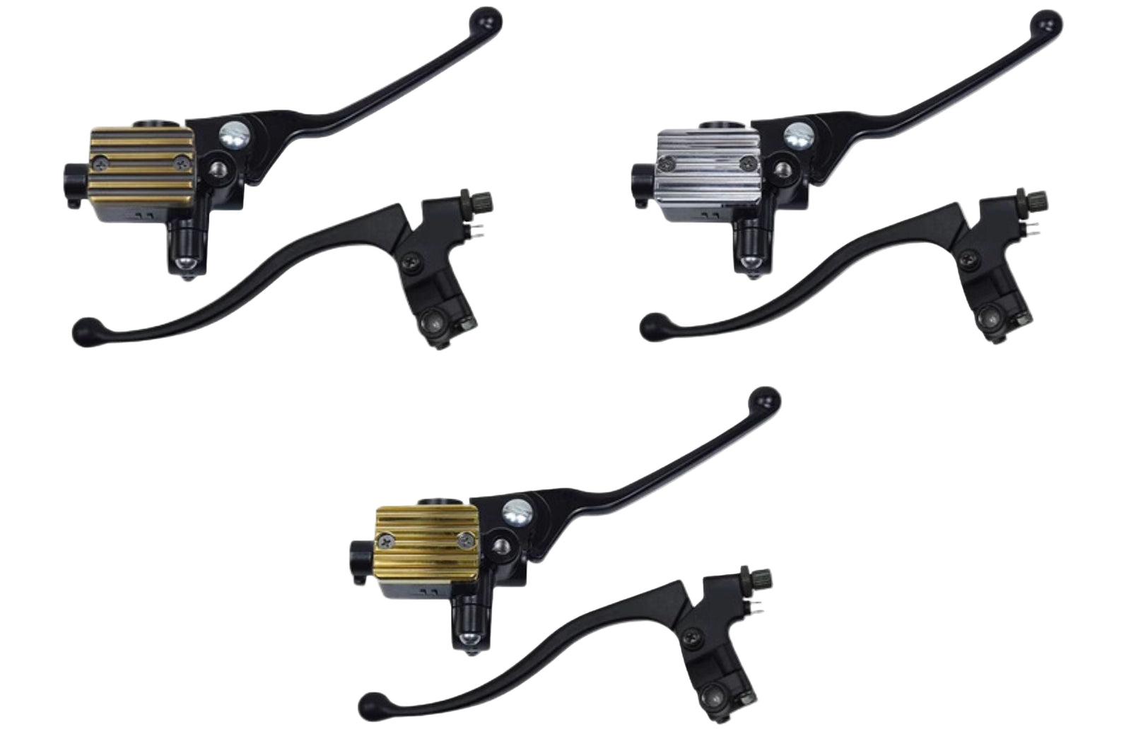 A set of vintage master cylinders and clutch levers for motorcycles, with options in black, brass, and silver colors.