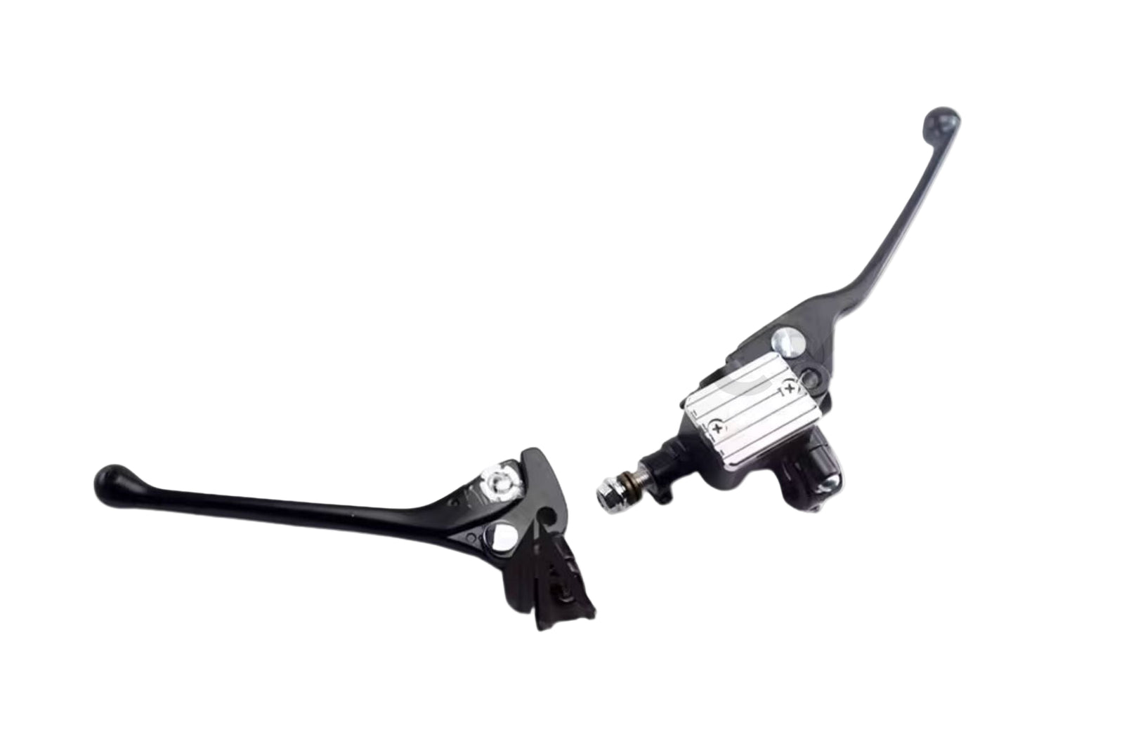 A set of motorcycle brake and clutch levers in black and silver, with master cylinder cover finishes.