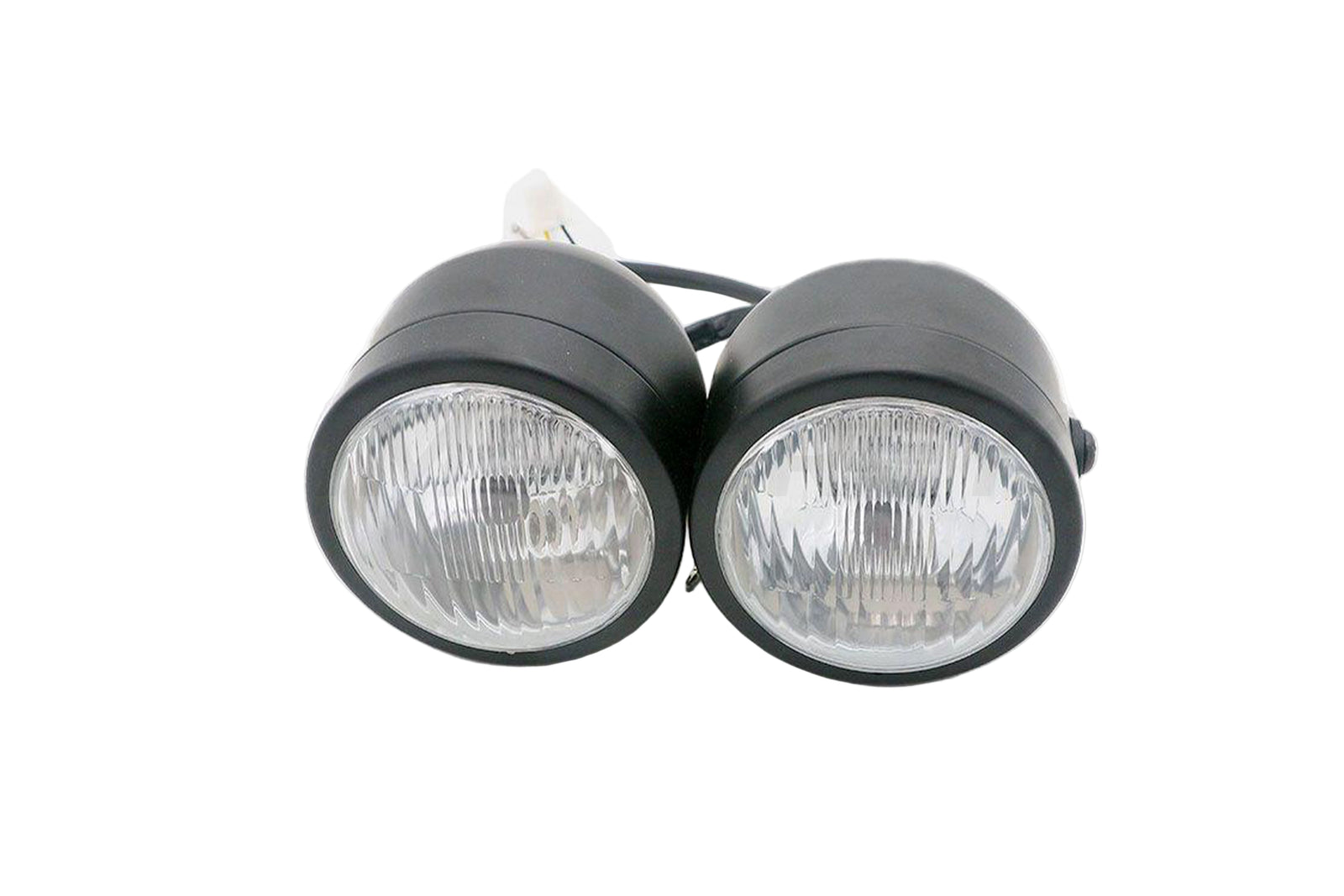 A pair of double optic headlights for motor vehicles, one in black and one in chrome, with clear glass windows and metal shells.
