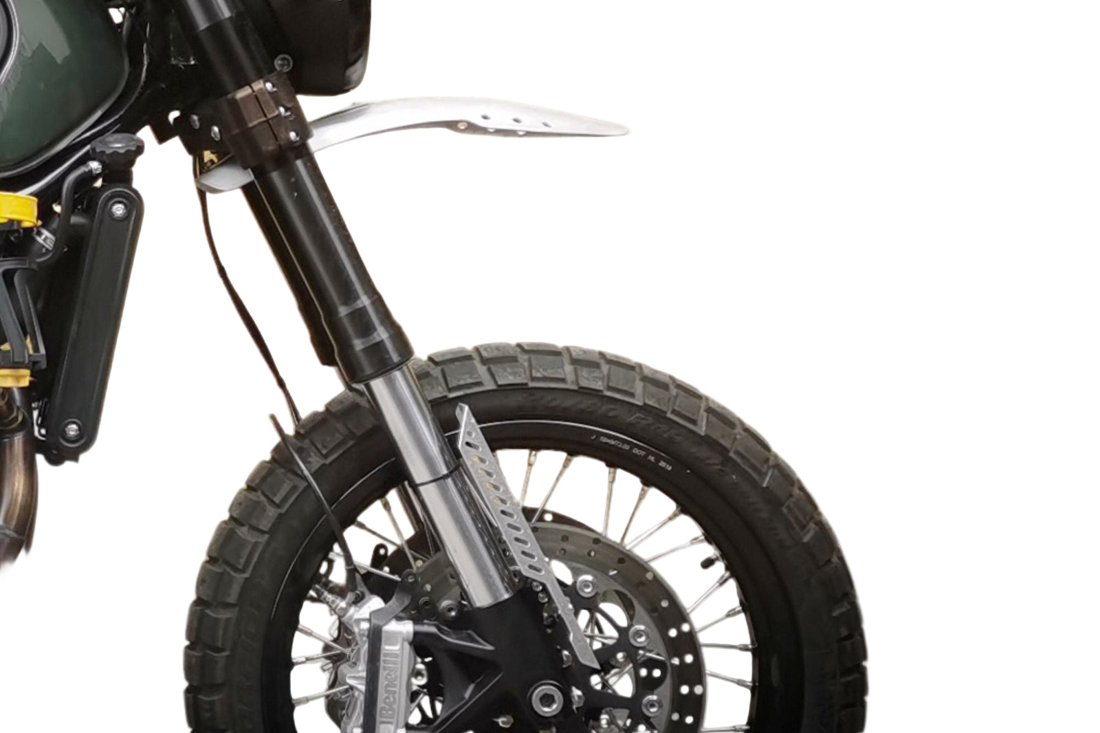 Close-up image of a motorcycle fork guard made of aluminum, designed to protect the fork of a motorcycle.