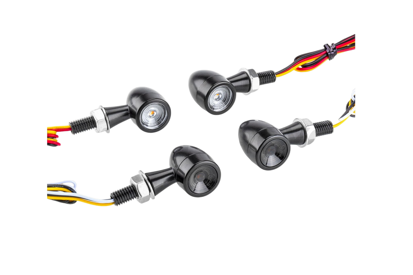 A pair of black bullet-shaped LED turn signals with wiring attached.