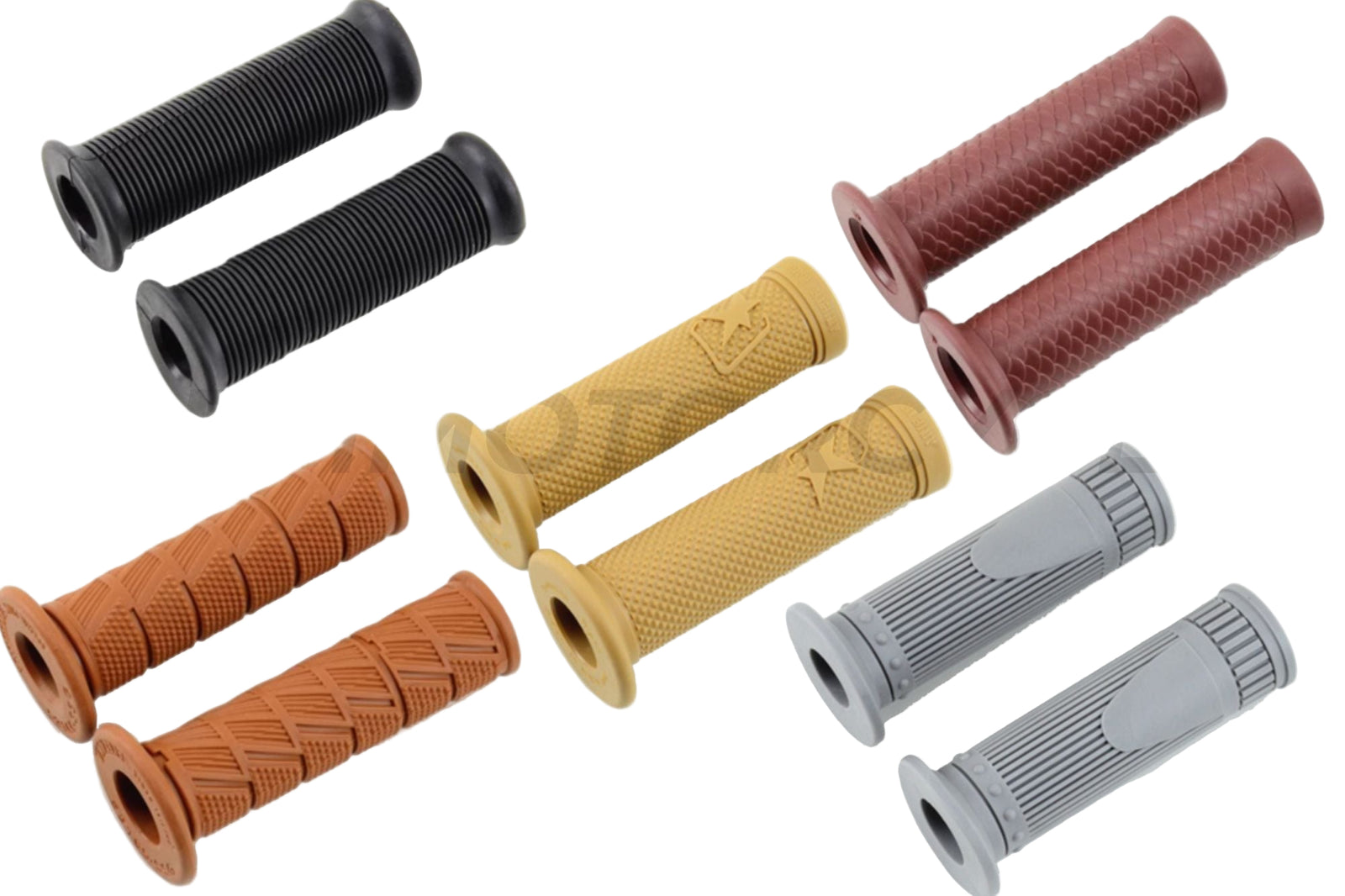 A variety of motorcycle rubber grips in different colors and patterns displayed on a white background.