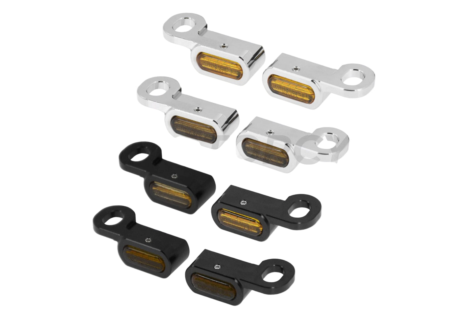 Approved handlebar turn signal pairs in black and chrome finishes with clear and smoked glass options, intended for use on motorcycles.