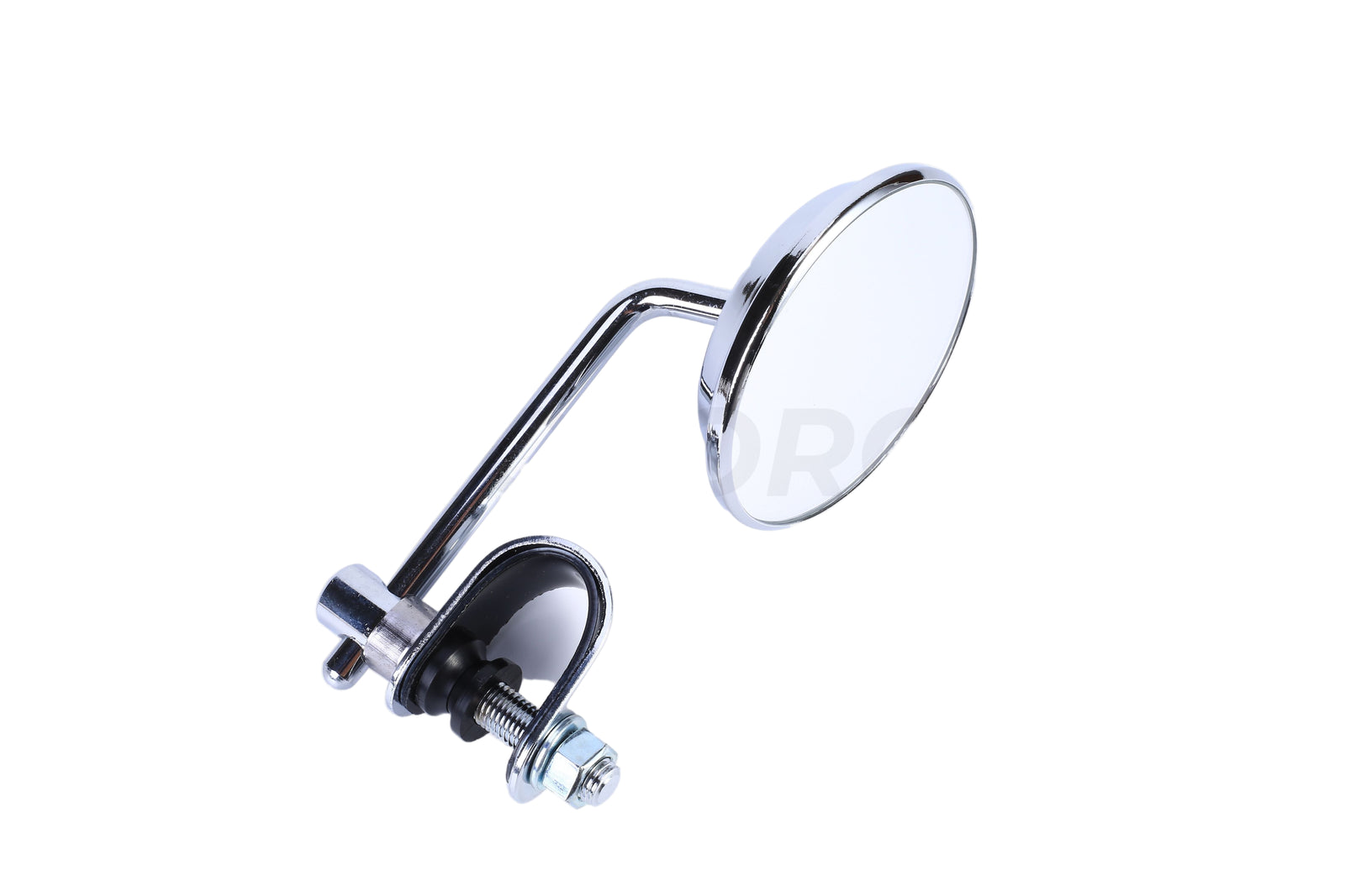 A round retro classic chrome mirror with bracket, primarily silver in color with black accents.