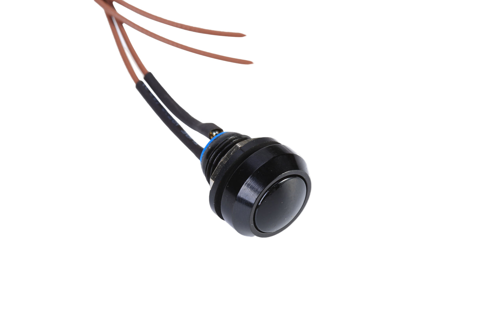 An image showing a black push button with wires, presumably for integration into a vehicle's horn or lighting system.