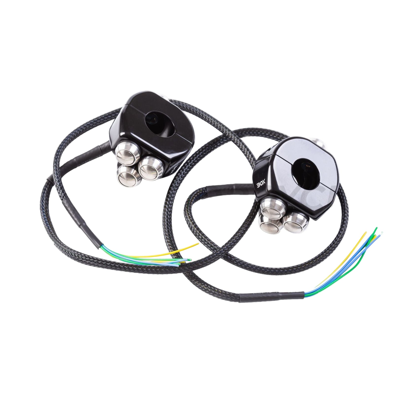 A pair of motorcycle handle switches with 4 buttons each, made of aluminum, with wires attached, available in silver or black color.