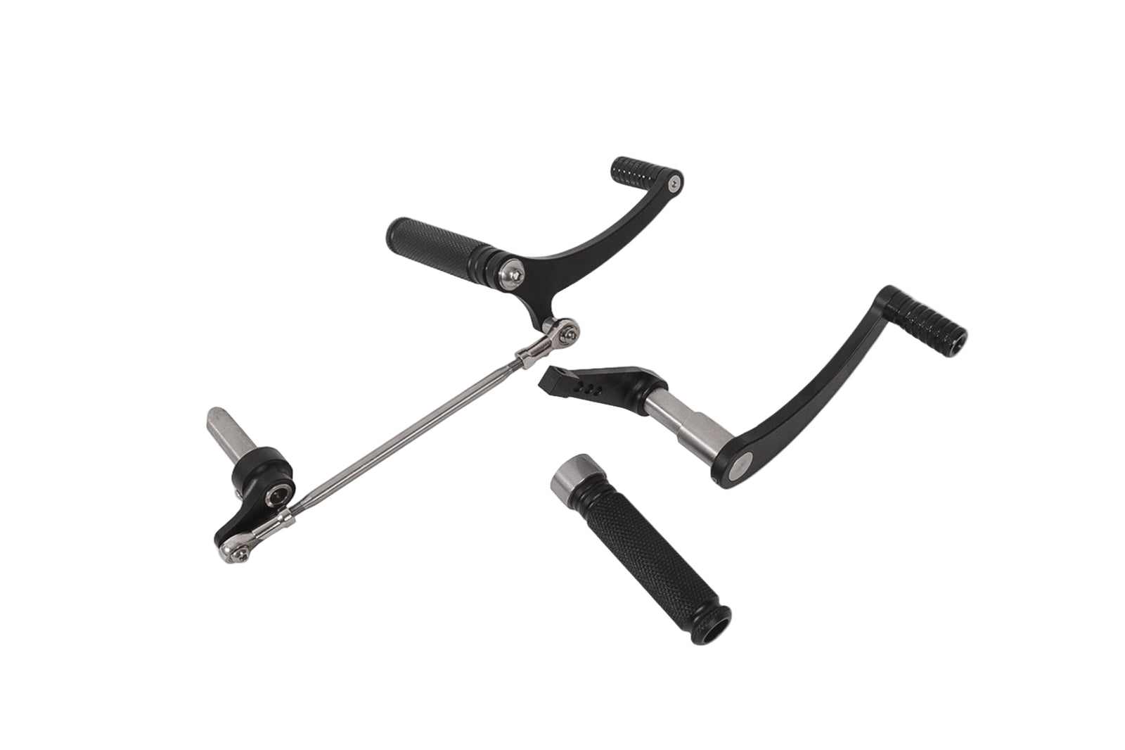 A set of black cafe racer back controls made of aluminum, including foot pegs and wristbands, designed for BMW motorcycles.