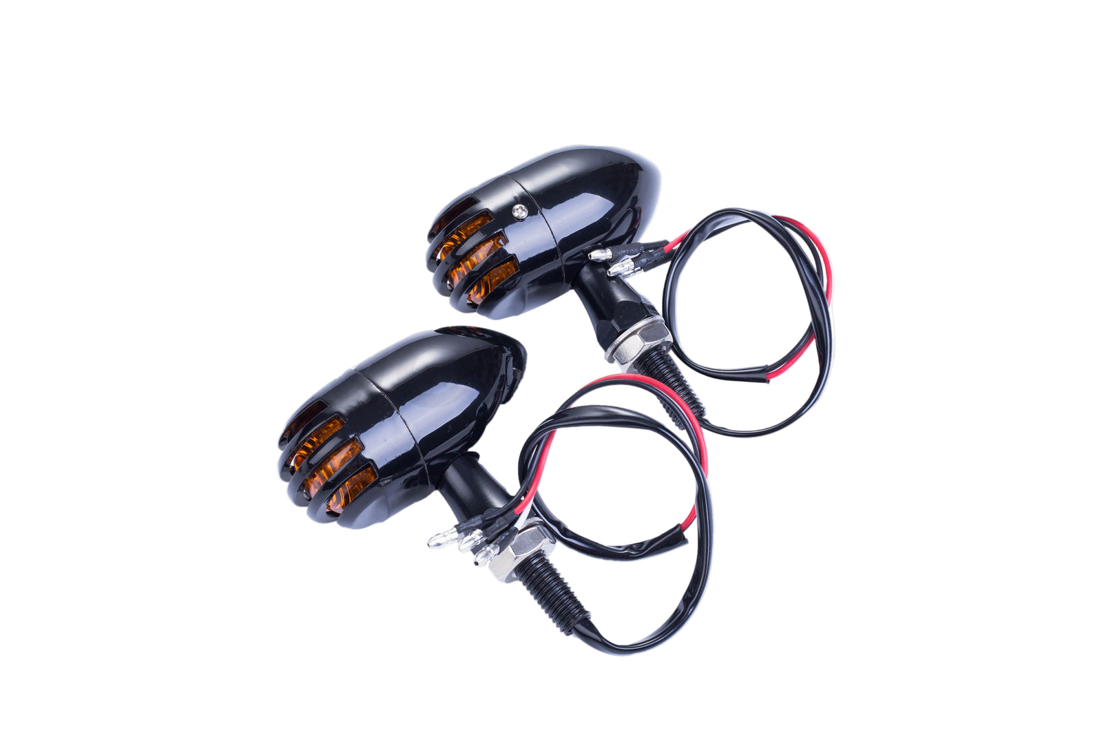 A pair of black anodized metal turn signal lights with a grid pattern, equipped with wiring.
