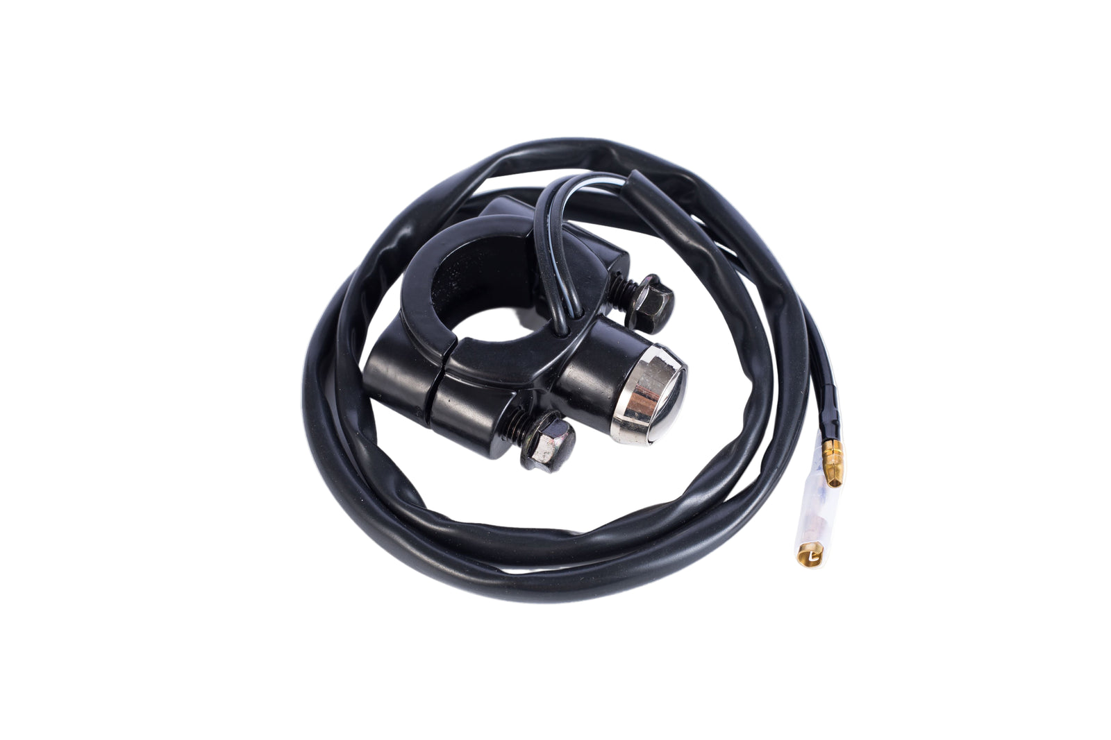 A black aluminum push button for motorcycle handlebars, with a cable attached.