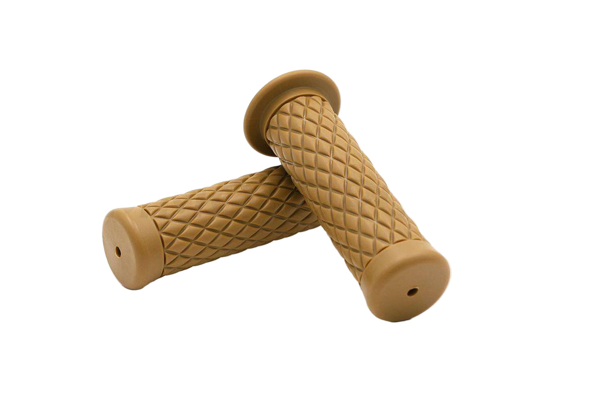 A set of motorcycle handles in various colors, featuring a diamond design, intended for 1-inch handlebars.